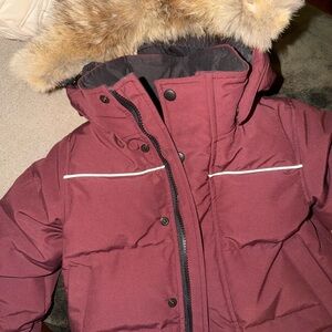 Canada Goose Burgundy Hooded Jacket with Faux Fur Trim